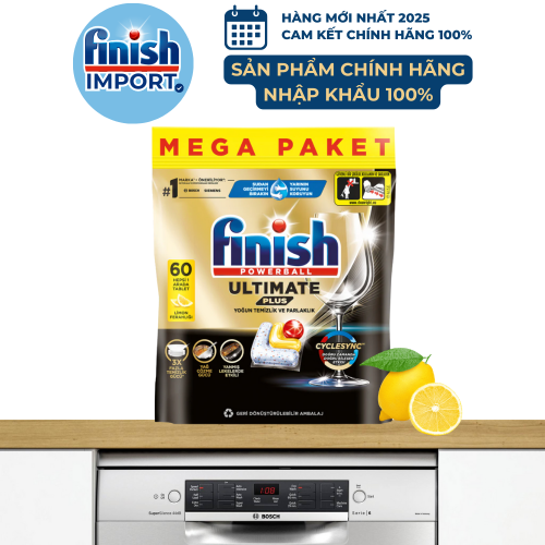 Túi 60 viên Finish Ultimate Plus 2024 hương chanh, chuẩn châu Âu, siêu cao cấp, 16 tính năng/viên, dùng cho máy rửa chén 13-15 bộ